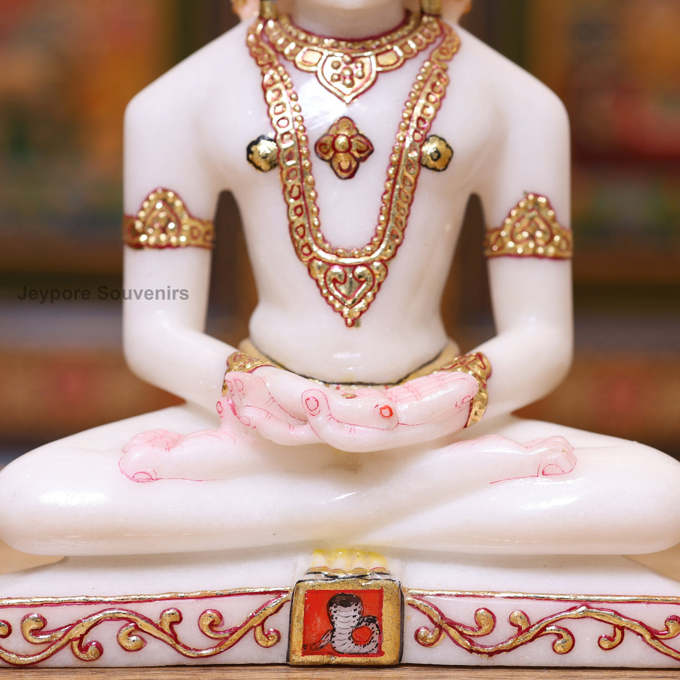 9" Pure White Marble Bhagwan Parshvanatha Idol with Real Gold Leaf Work | Handcrafted Jain Tirthankara Statue