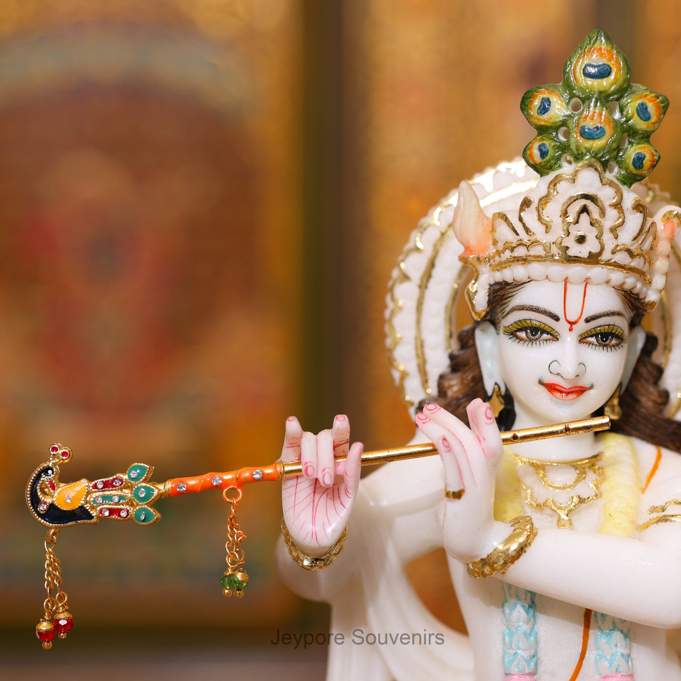 12" Elegant Handcrafted Pure White Marble Krishna Statue with Real Gold Leaf Work