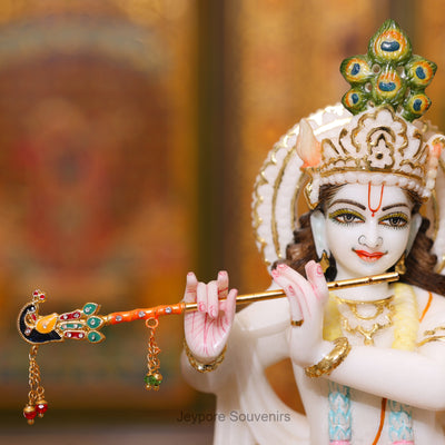 12" Elegant Handcrafted Pure White Marble Krishna Statue with Real Gold Leaf Work