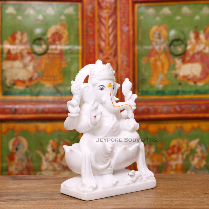 12" Handcrafted Pure White Marble Lord Ganesha Murti for Home &amp; Office Décor