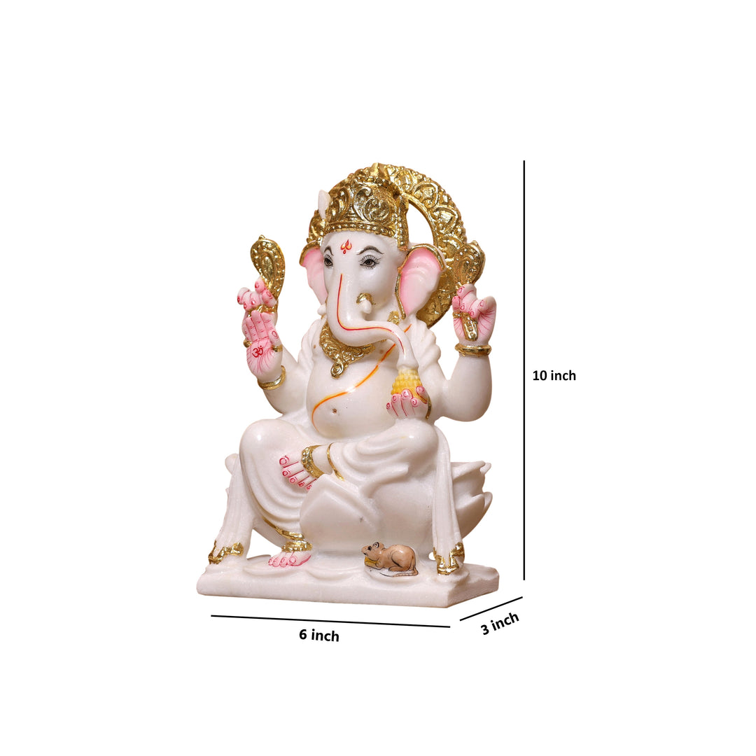 10" Pure White Marble Lord Ganesha Idol with Real Gold Leaf Crown
