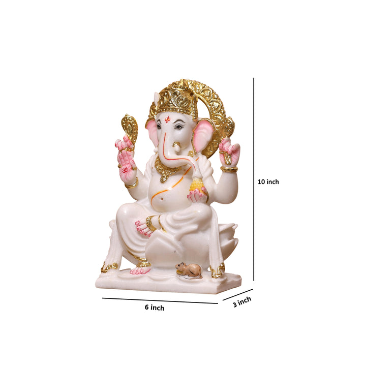 10" Pure White Marble Lord Ganesha Idol with Real Gold Leaf Crown