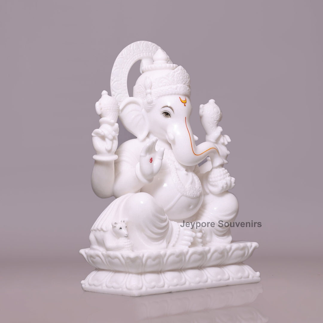 27" Handcrafted Pure White Marble Vighnaharta Ganpati Murti