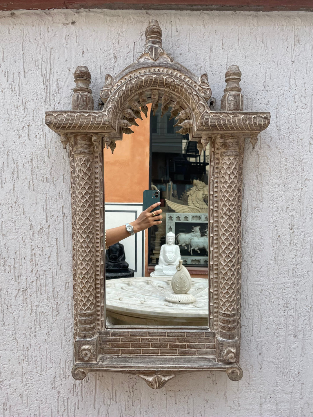 Hand carved single Jharokha mirror in distressed finish