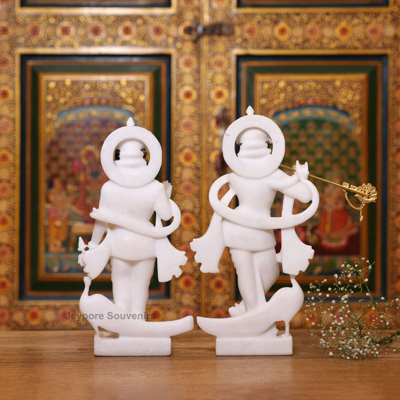 12" Stunning Pure White Marble Radha Krishna Statue Pair