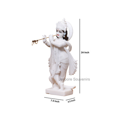 24" Pure White Marble Radha Krishna Statues Pair
