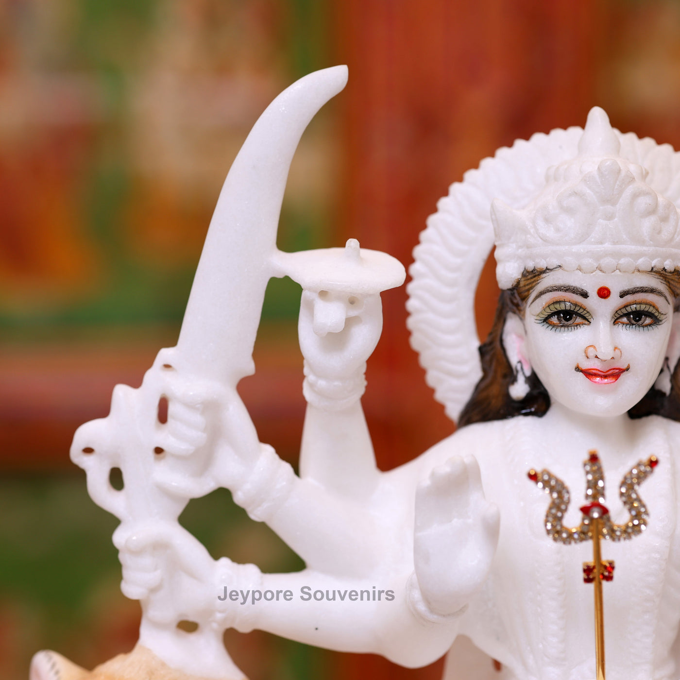 12" Handcrafted White Marble Goddess Durga Idol on Lion (8-Arm)
