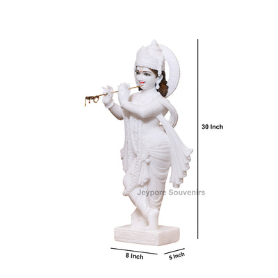 30" Radha Krishna Pure White Marble Statue Pair