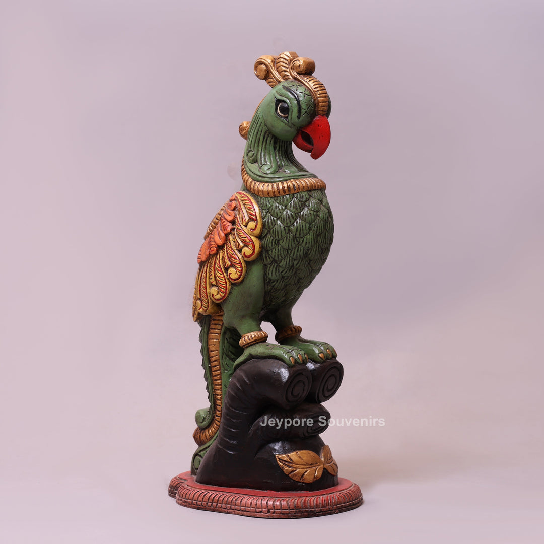 25" Hand-Carved &amp; Hand-Painted Wooden Parrot Statue