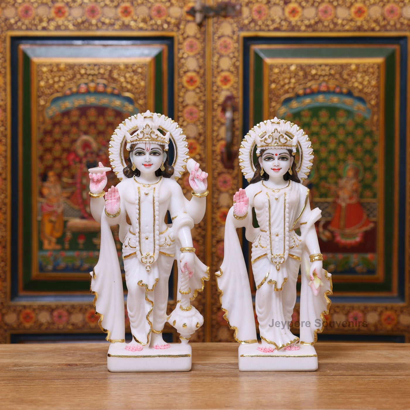 12" Pure White Marble Lakshmi-Narayan Idol Set With Real Gold Leaf Work