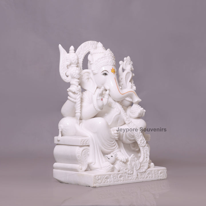 24" Enchanting Pure White Marble Lord Ganesha Idol on Throne