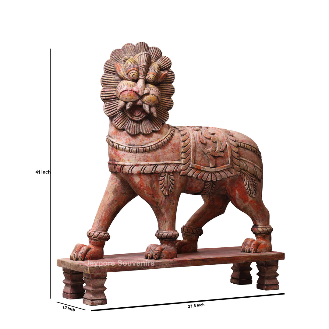 41" Grand Hand-Carved Wooden Yali (Mythical Lion) Statue