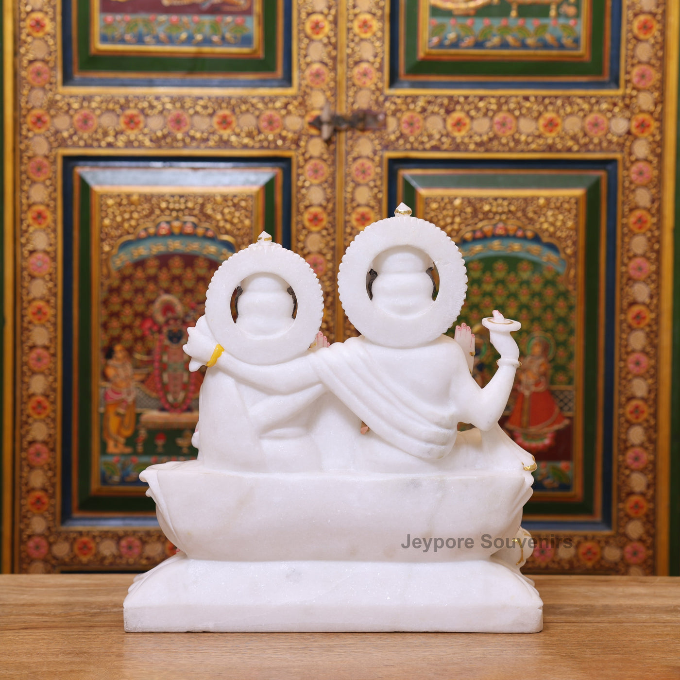 15" Premium White Marble Lord Lakshmi And Vishnu Seated Idol Set with Real Gold Work