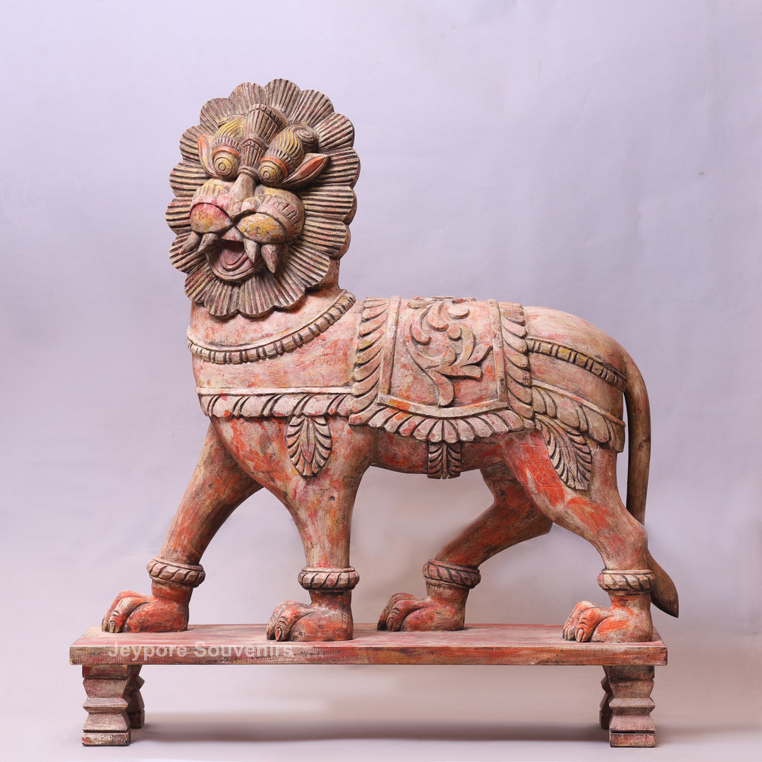41" Grand Hand-Carved Wooden Yali (Mythical Lion) Statue