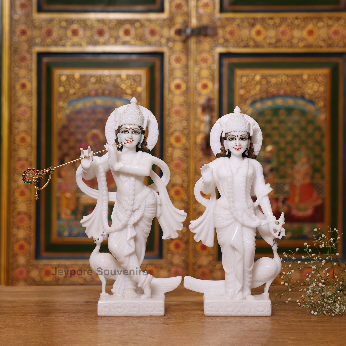 12" Stunning Pure White Marble Radha Krishna Statue Pair