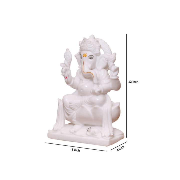 12" Handcrafted Pure White Marble Lord Ganesha Murti for Home &amp; Office Décor