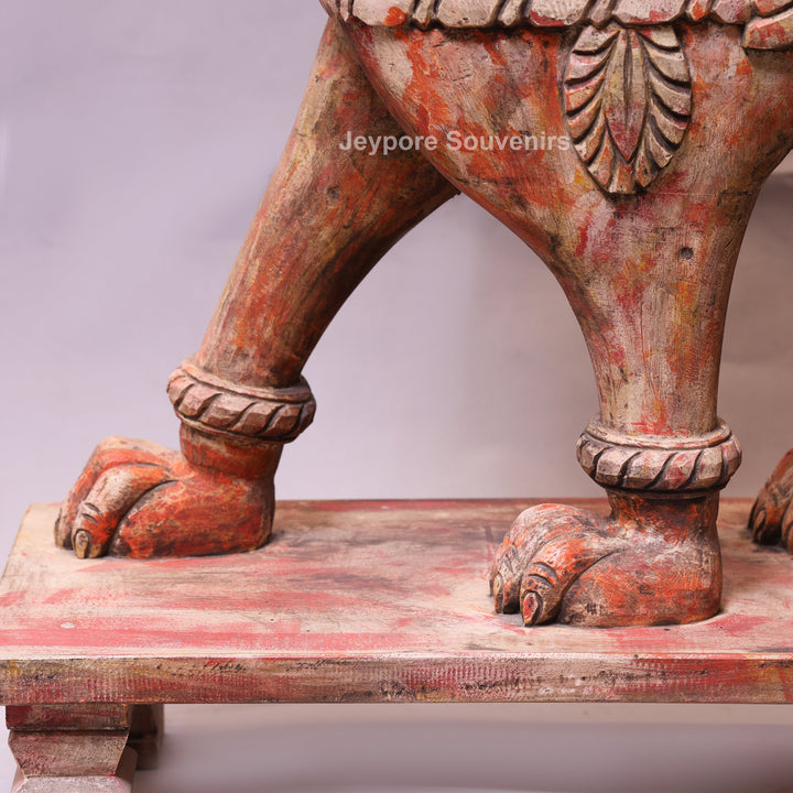 41" Grand Hand-Carved Wooden Yali (Mythical Lion) Statue