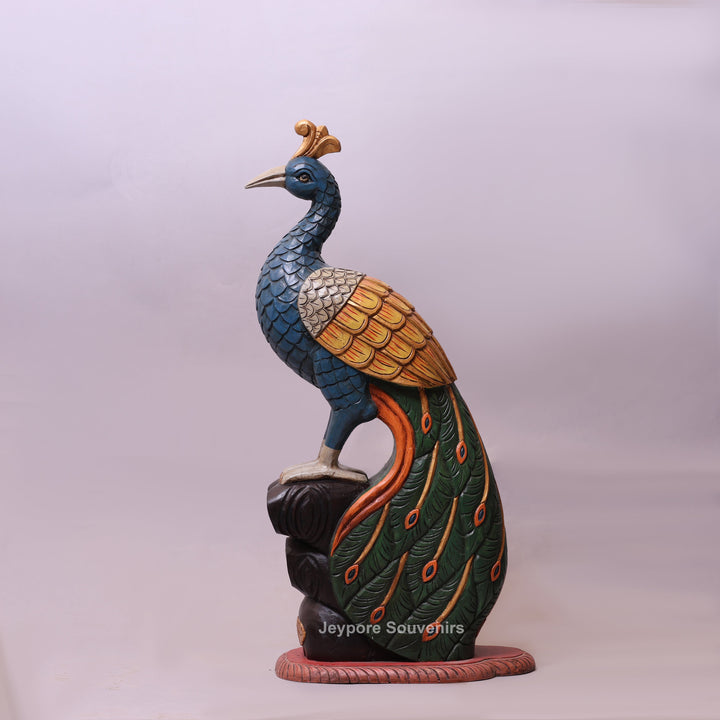 37" Grand Hand-Carved Wooden Peacock Statue