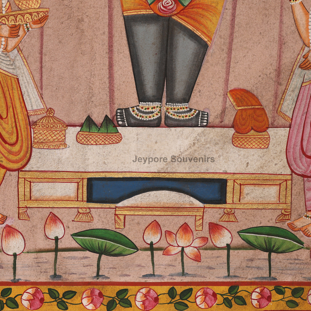 Handcrafted Pichwai Painting of Shrinathji with Cows &amp; Priests
