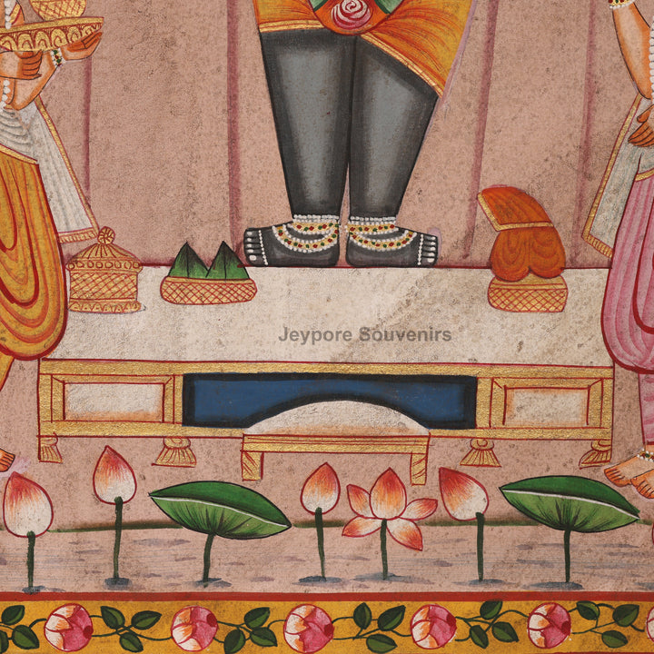 Handcrafted Pichwai Painting of Shrinathji with Cows &amp; Priests