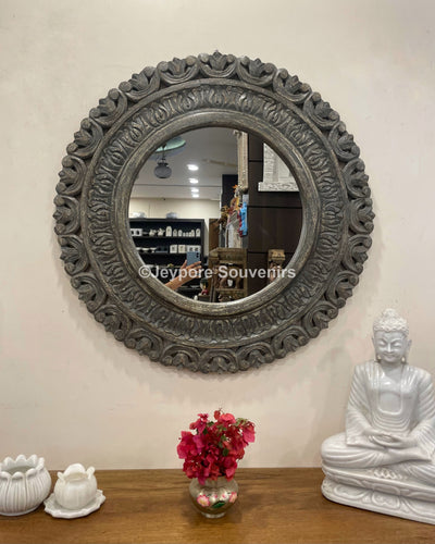 Hand carved wooden round wall mirror