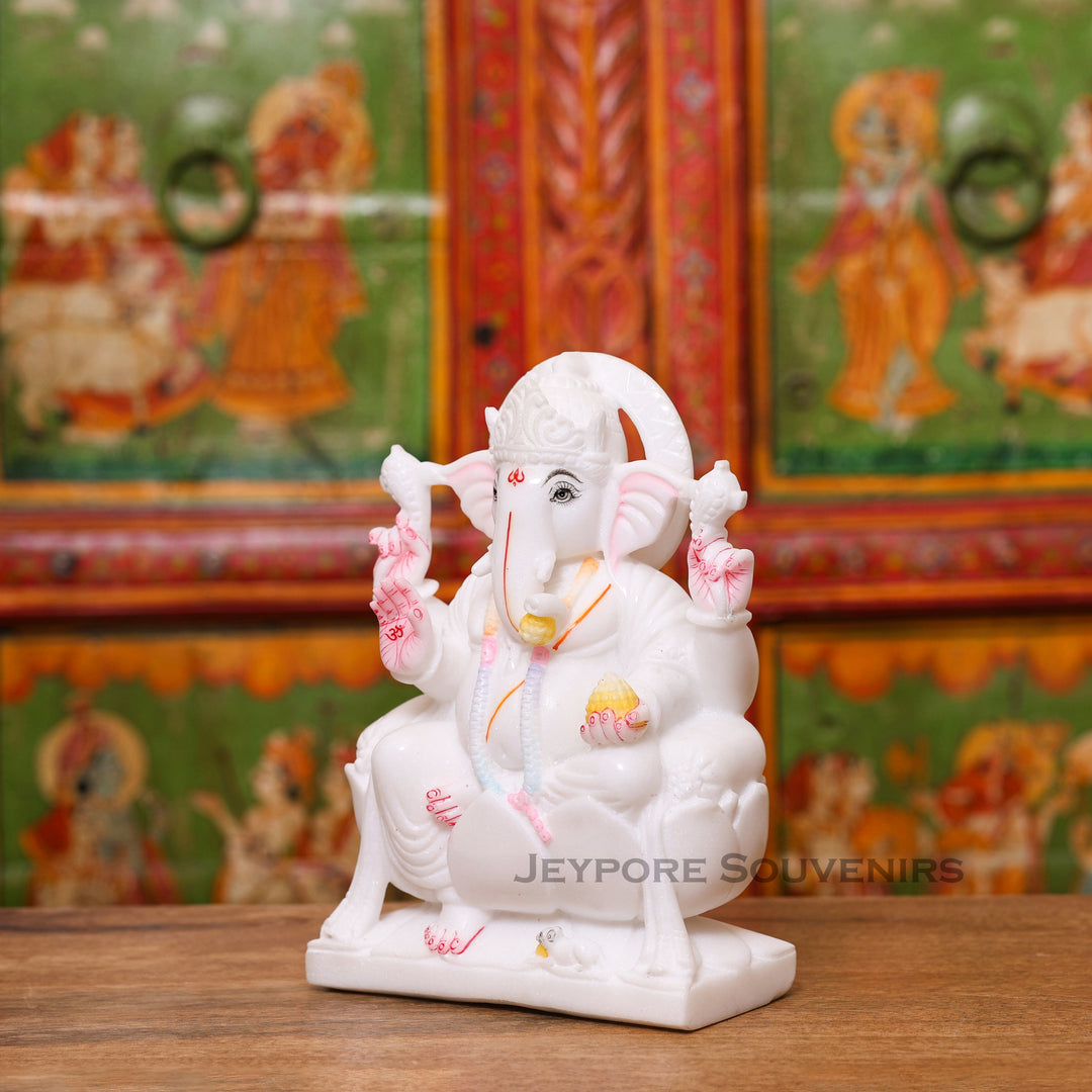 9" Handcrafted White Marble Lord Ganesha Idol for Home Temple &amp; Décor