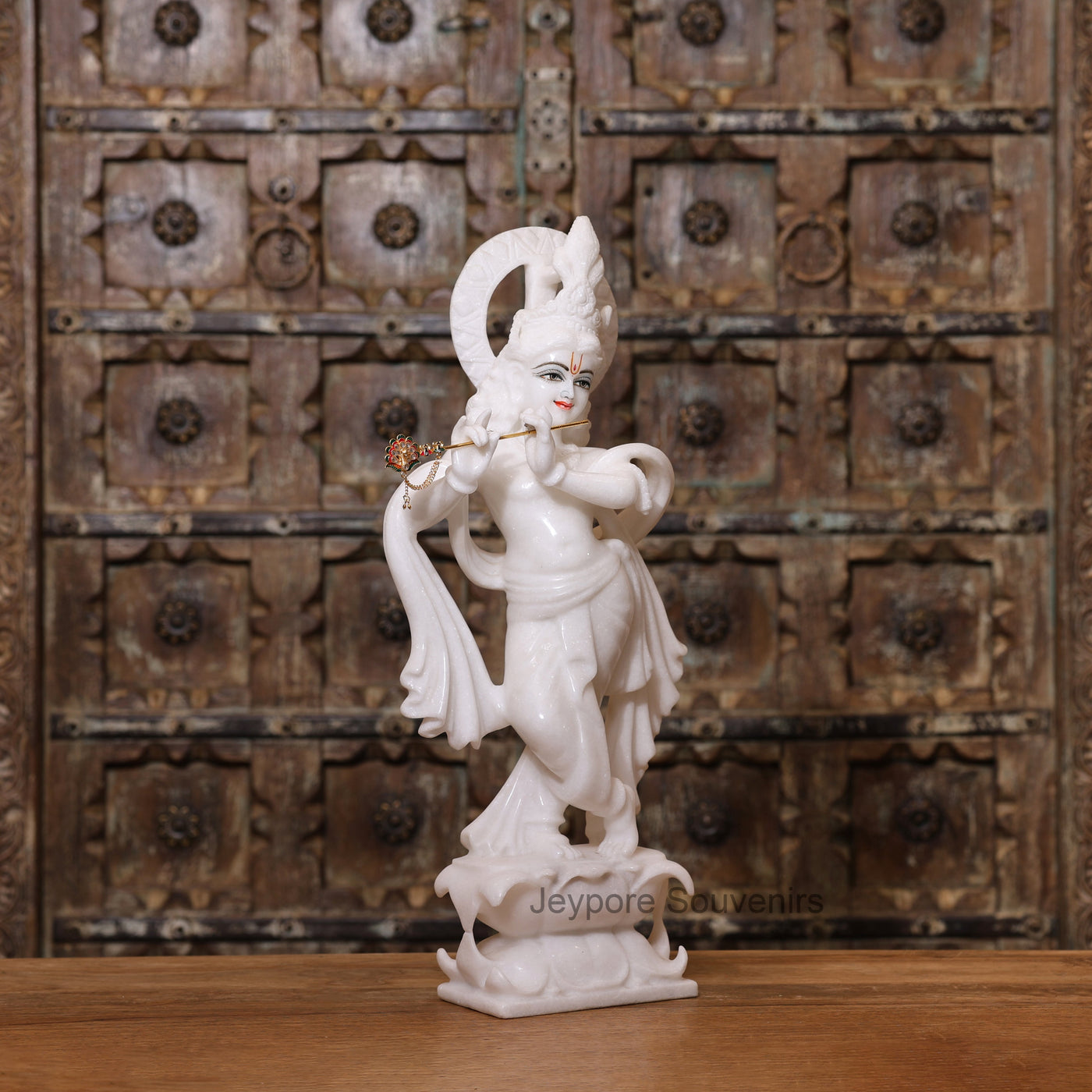 21" Majestic Handcrafted Pure White Marble Krishna Statue (Murti) with Flute