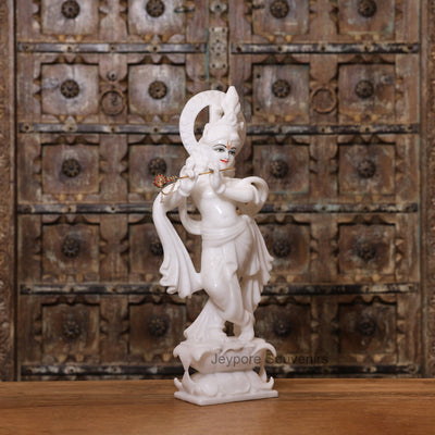 21" Majestic Handcrafted Pure White Marble Krishna Statue (Murti) with Flute