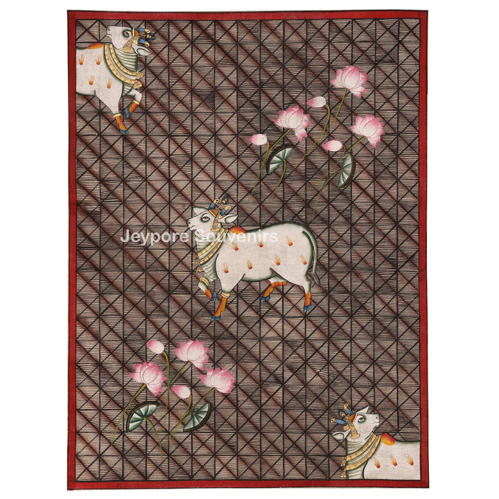 Pichwai Painting Featuring Cows and Lotus Motifs