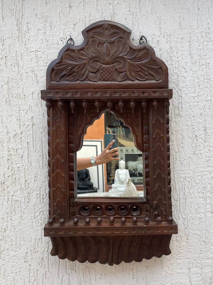Hand carved single Jharokha mirror in distressed finish