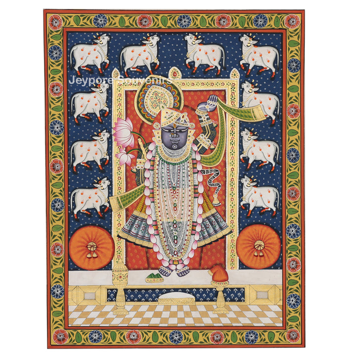 Handcrafted Pichwai Style Shrinathji Painting with Sacred Cows