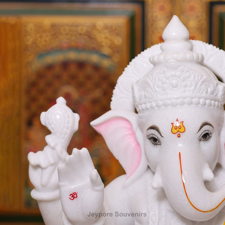 18" Handcrafted White Marble Lord Ganesha Idol