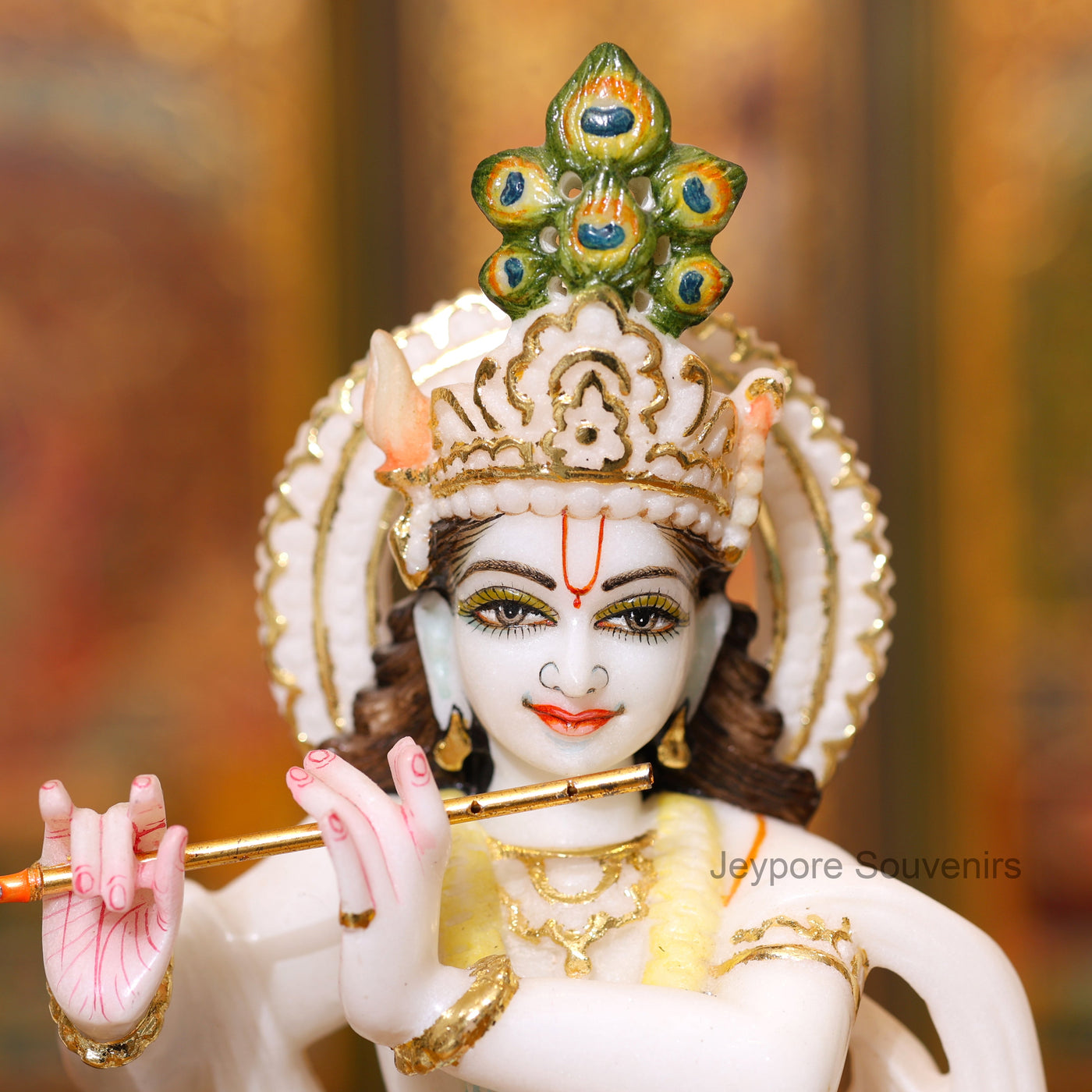 12" Elegant Handcrafted Pure White Marble Krishna Statue with Real Gold Leaf Work