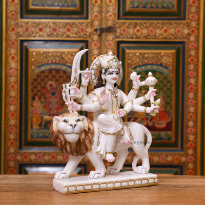 15" Real Gold Leaf Goddess Durga Marble Statue with Lion