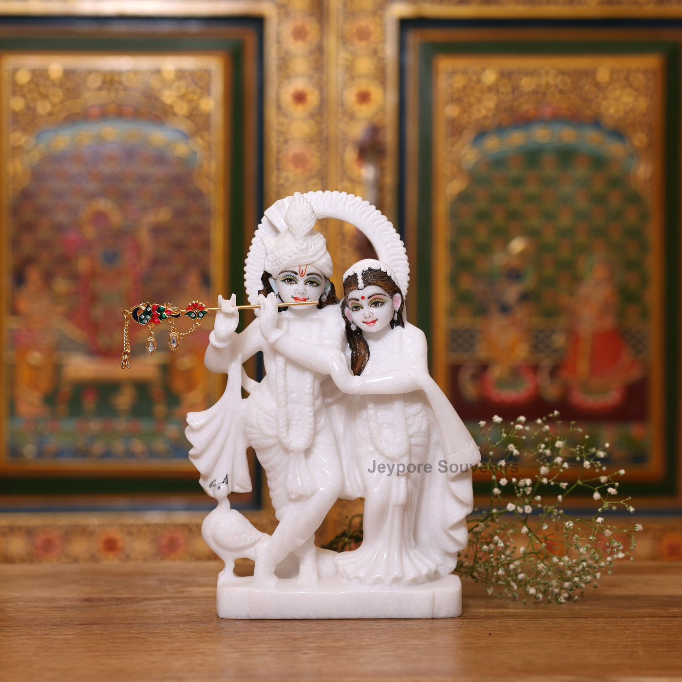 9" Exquisite Pure White Marble Radha Krishna Statue