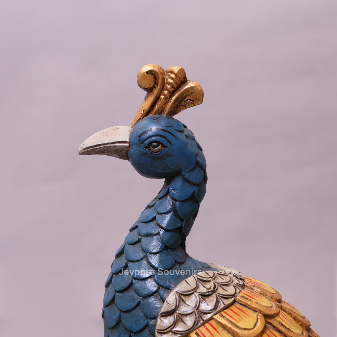 25" Hand-Carved Wooden Peacock Statue