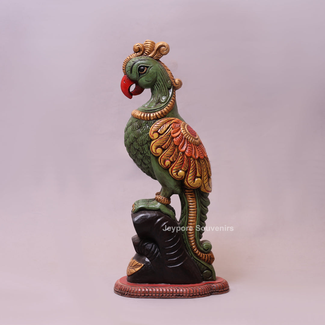 25" Hand-Carved &amp; Hand-Painted Wooden Parrot Statue