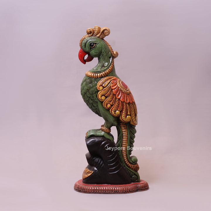 25" Hand-Carved &amp; Hand-Painted Wooden Parrot Statue