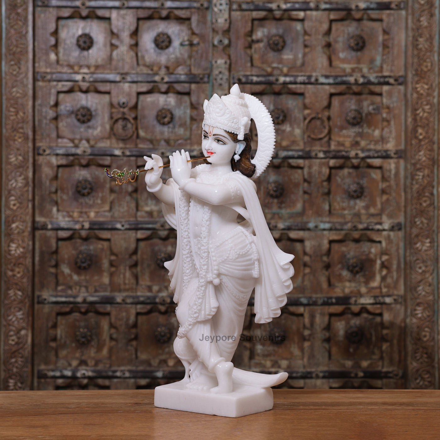 24" Handcrafted Radha Krishna Pure White Marble Statues Pair