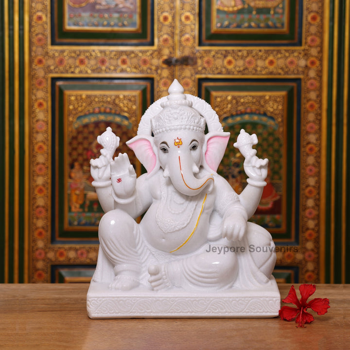 18" Handcrafted White Marble Lord Ganesha Idol