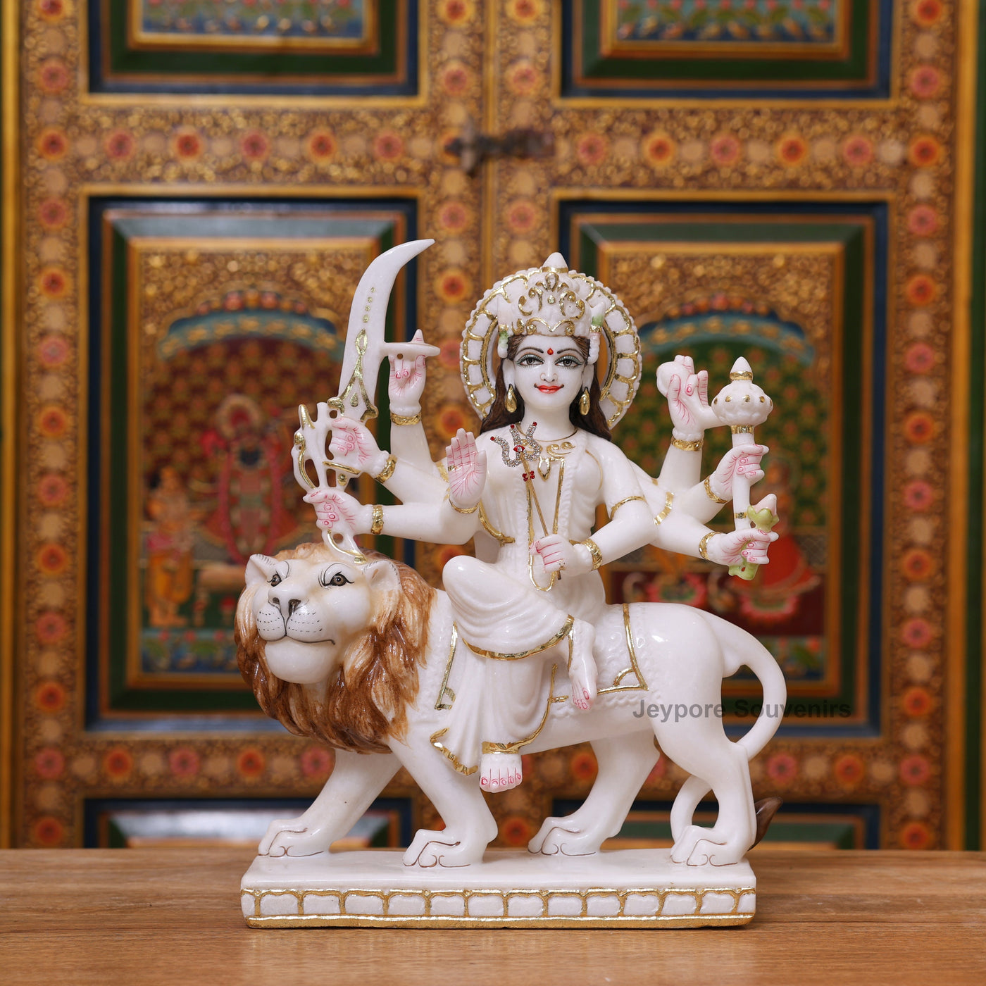 15" Real Gold Leaf Goddess Durga Marble Statue with Lion