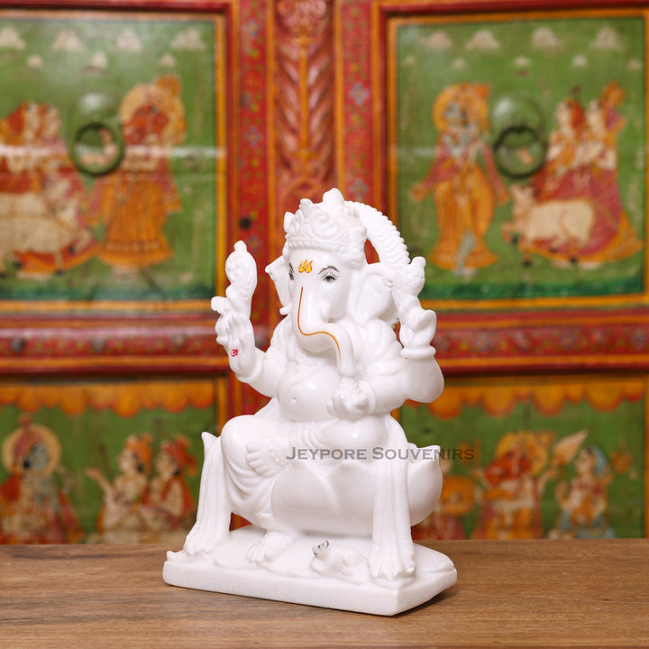 12" Handcrafted Pure White Marble Lord Ganesha Murti for Home &amp; Office Décor