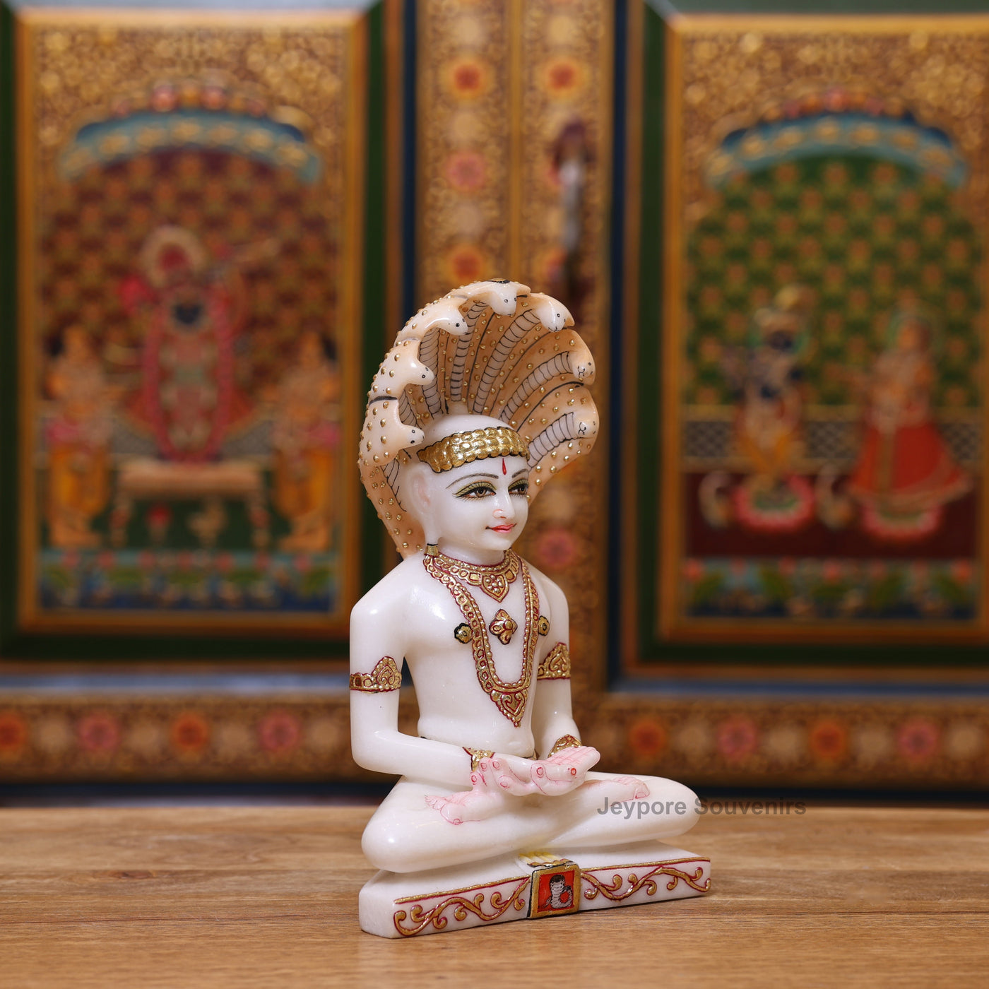 9" Pure White Marble Bhagwan Parshvanatha Idol with Real Gold Leaf Work | Handcrafted Jain Tirthankara Statue