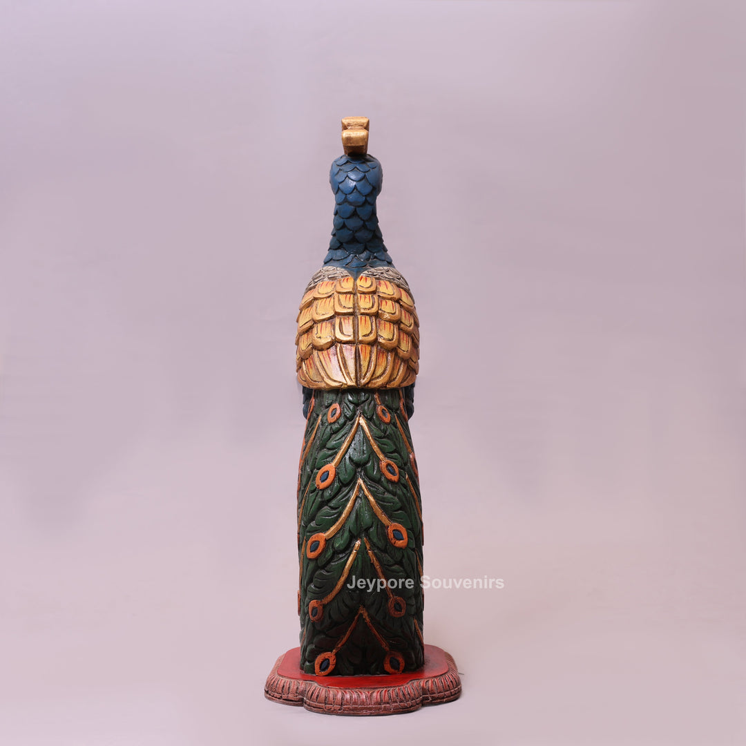 25" Hand-Carved Wooden Peacock Statue