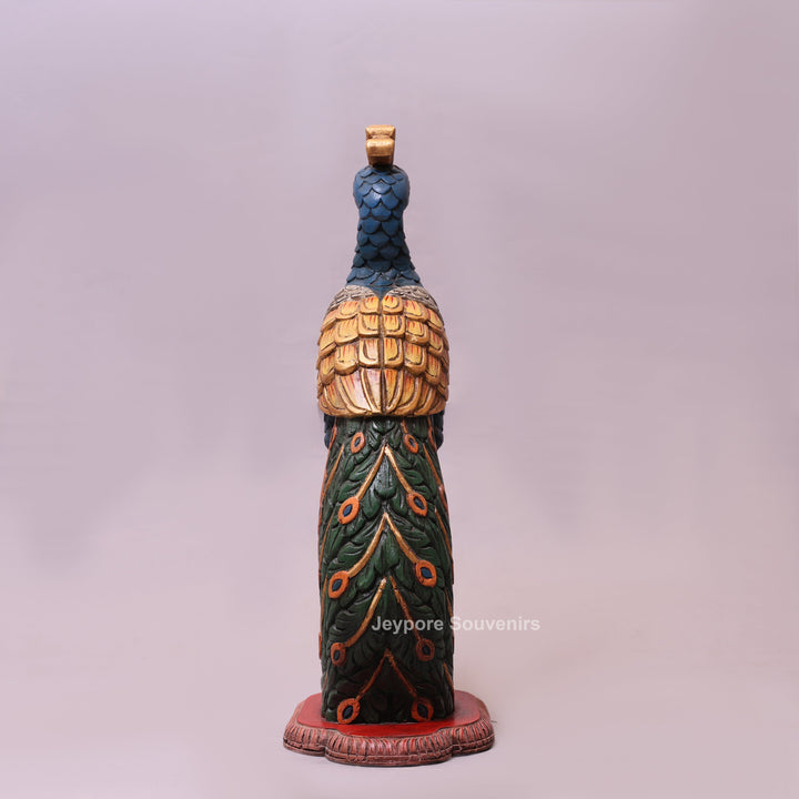25" Hand-Carved Wooden Peacock Statue