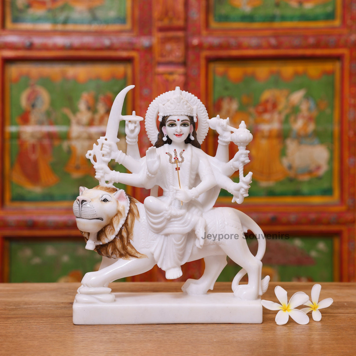 12" Pure White Marble Goddess Durga Idol on Lion