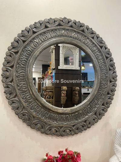 Hand carved wooden round wall mirror