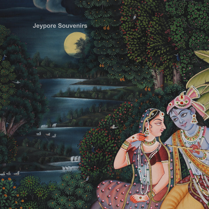 Pichwai Style Seated Radha Krishna Painting On Silk Fabric