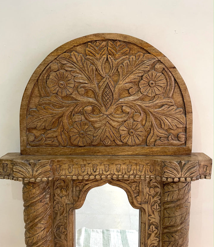 Hand carved mirror in distressed finish - Walnut Color