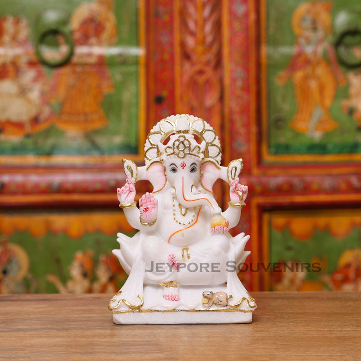 8" Pure White Marble Handmade Ganesha Statue for Home Temple &amp; Office